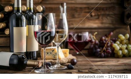 Two wine glasses filled with red and white wine, alongside wine bottles and cheese, arranged on a wooden table in a cozy setting. 117439711