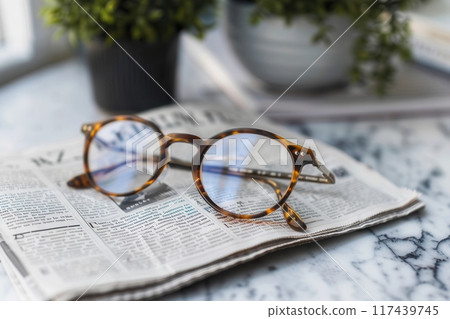 A pair of brown tortoiseshell eyeglasses rest on an open newspaper, with a blurred background. 117439745