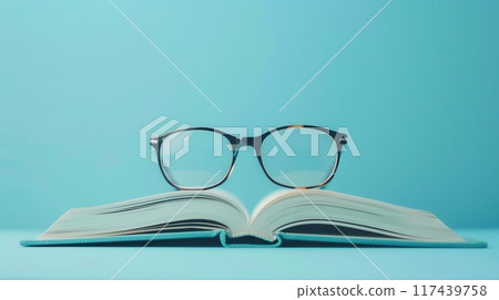 Eyeglasses sit on an open book on a light blue background. 117439758