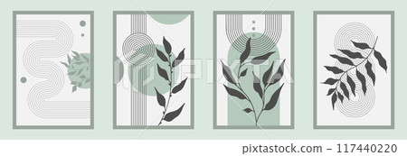 Zen arch poster set with botanical element, simple line arch shapes, and leavs. Geometric Japanese zen pattern minimal elements. Boho style strips, Zen arch poster set with botanical element, simple line arch shapes, and leavs. Geometric Japanese zen pattern minimal elements. Boho style strips, 117440220