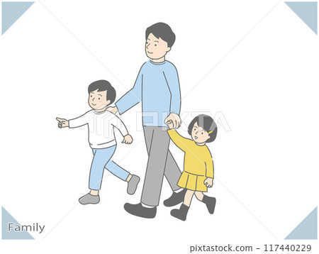 插圖，父親和孩子幸福地一起散步的家庭場景 117440229
