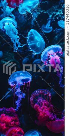glowing sea jellyfishes on dark background, neural network generated image glowing sea jellyfishes on dark background, neural network generated image 117440316