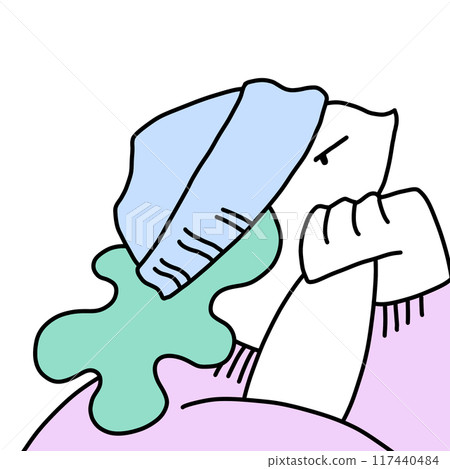 Profile illustration of a person wearing a knitted hat and resting his chin on his hand 117440484