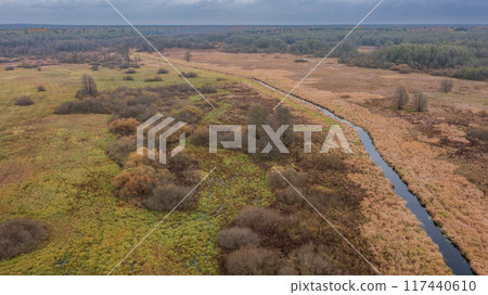 Partly abandoned meadows next to river and autumnal forest 117440610