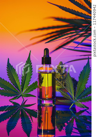 Luxurious CBD Oil Dropper Bottle with Cannabis Leaves and Bud on holographic gradient 117440942