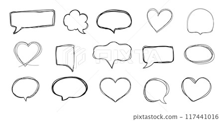 Speech bubble frame scribble fast hand drawing, pent or marker drawing. Comic sketch border, highlight. Cloud, heart, circle bubble chat, text box. 117441016