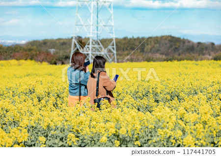 A woman looks at the rapeseed fields at the Hana Hiroba Tourist Farm in Minamichita Town 117441705