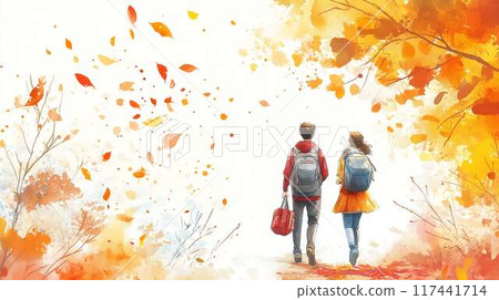 [Autumn trip] A walk for two surrounded by autumn leaves - Illustration material of warmth and healing 117441714