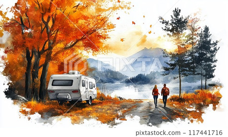 [Autumn camping trip] A trip for two on a lakeside surrounded by autumn leaves - Illustration material for enjoying nature 117441716