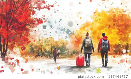 [Autumn foliage trip] A trip for two people walking through colorful autumn scenery - Attractive illustration material 117441717