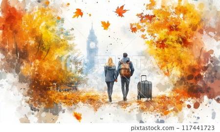 [Autumn overseas travel] A trip for two surrounded by autumn leaves in London - Heartwarming travel illustration material 117441723