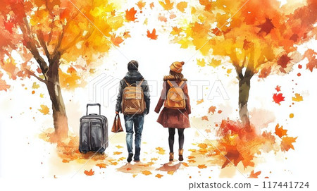 [Autumn travel scene] A trip for two surrounded by autumn leaves - Warm illustration material 117441724