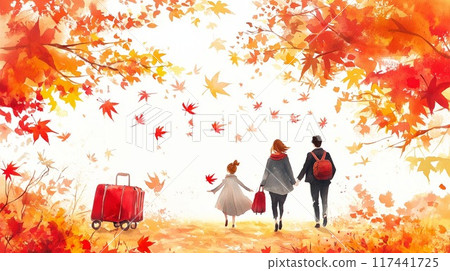 [Family autumn trip] A warm family moment walking among the falling autumn leaves - Illustration material of gentle autumn colors 117441725