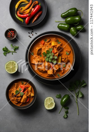 Elegant Curry Meat with Rice and Vegetables on a Dark Background 117441943