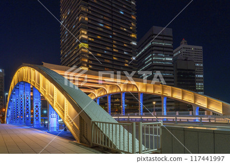 Beautiful night view of Nakanoshima, Osaka - Illuminated Dojima Bridge Beautiful night view of Nakanoshima, Osaka - Illuminated Dojima Bridge 117441997