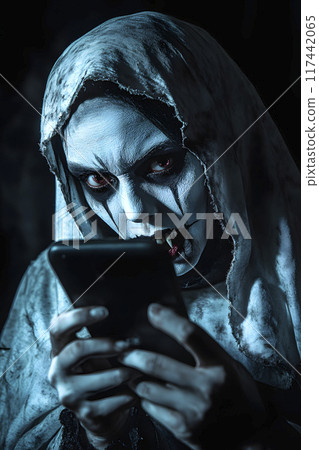 evil nun with fangs using smartphone generative AI 117442065