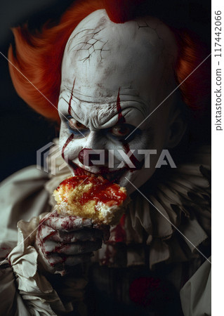 evil clown eating bloody cake, generative AI 117442066