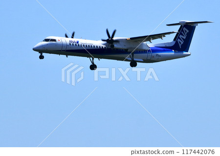 Osaka International Airport ANA Bombardier DHC8-Q400 propeller plane landing preparation Skypark Osaka International Airport ANA Bombardier DHC8-Q400 propeller plane landing preparation Skypark 117442076