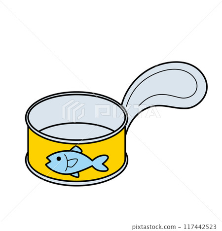Simple and cute illustration of an empty can of canned food, white background, vector, with main lines, clip art Simple and cute illustration of an empty can of canned food, white background, vector, with main lines, clip art 117442523