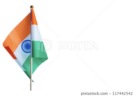 National fabric flag of India on a pole isolated on white background. Copy space National fabric flag of India on a pole isolated on white background. Copy space 117442542