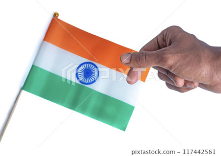 Indian flag on a white background with a male hand showing a Korean mini heart gesture. Top view Indian flag on a white background with a male hand showing a Korean mini heart gesture. Top view 117442561