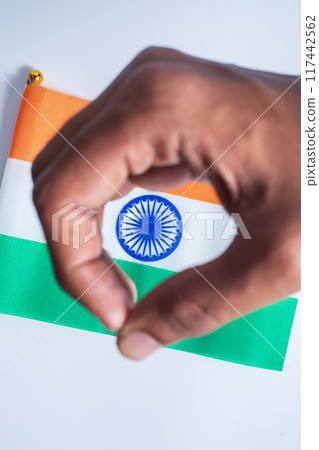 A view of the tricolor flag of India on a white background seen through a hole in the arm. A view of the tricolor flag of India on a white background seen through a hole in the arm. 117442562