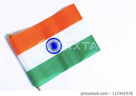 Indian flag isolated on white background with clipping path and copy space. 117442576