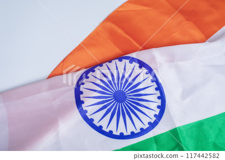 Close up of Indian flag isolated on white background. conceptual image for independence day. Close up of Indian flag isolated on white background. conceptual image for independence day. 117442582