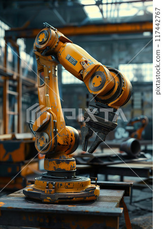 Industrial robot arm at work within factory setting, highlighted by its precision and efficiency in manufacturing processes. Automation, industry and modern manufacturing technologies. Generative AI. 117442767