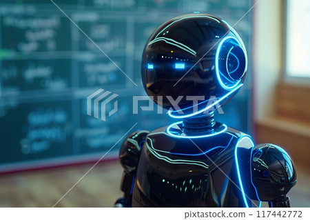 Robotic teacher in classroom, against chalkboard, highlighting its role in modern educational environment. Perfect for themes of futuristic education, technology integration in schools. Generative AI. 117442772