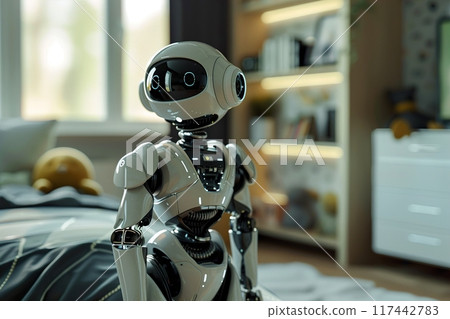 Robotic housekeeper in a stylish home setting, designed to showcase the seamless integration of advanced robotics into everyday domestic tasks. Ideal for promoting smart home solutions. Generative AI. 117442783