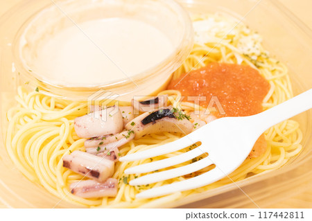 Delicious convenience store food: cold pasta with mentaiko sauce Delicious convenience store food: cold pasta with mentaiko sauce 117442811