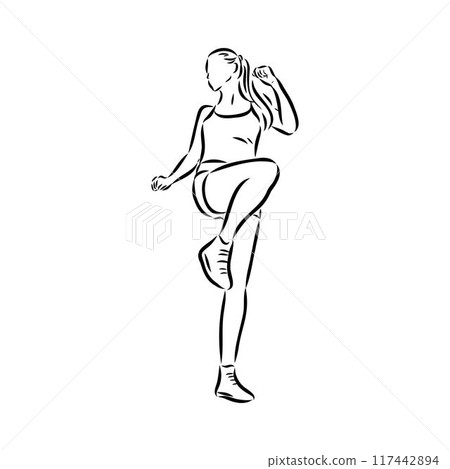 Hand drawn sketch of an exercising woman. Vector illustration. Hand drawn sketch of an exercising woman. Vector illustration. 117442894