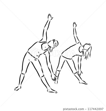 Hand drawn sketch of an exercising woman. Vector illustration. Hand drawn sketch of an exercising woman. Vector illustration. 117442897