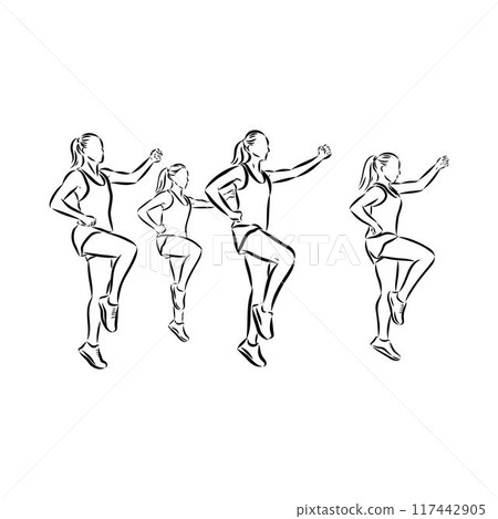 Hand drawn sketch of an exercising woman. Vector illustration. Hand drawn sketch of an exercising woman. Vector illustration. 117442905