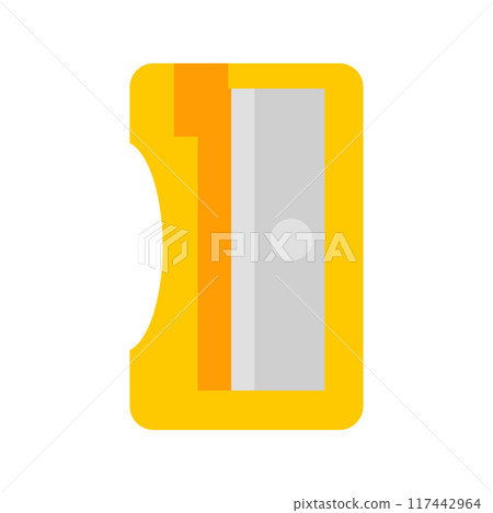 Yellow pencil sharpener cartoon illustration in flat style. Stationery, office and school supplies. Isolated on white. Vector illustration Yellow pencil sharpener cartoon illustration in flat style. Stationery, office and school supplies. Isolated on white. Vector illustration 117442964