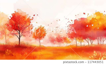 平靜的風景染上秋天的色彩-美麗的自然水彩插圖與生動的秋葉 平靜的風景染上秋天的色彩-美麗的自然水彩插圖與生動的秋葉 117443051