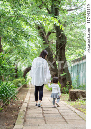 Parents and children walking hand in hand, back view 117443139