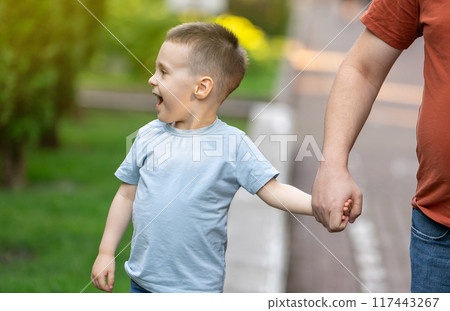 A happy three and a half years son walks hand in hand with his dad in the park on a sunny summer day. Family fun time and leisure. Summertime. Close-up A happy three and a half years son walks hand in hand with his dad in the park on a sunny summer day. Family fun time and leisure. Summertime. Close-up 117443267
