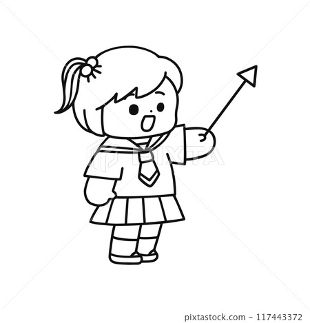 一個穿著制服的女孩拿著指點棒的線條畫 117443372