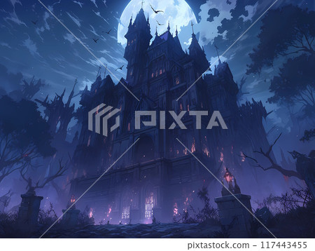 Moonlit castle where vampires live_Background illustration Moonlit castle where vampires live_Background illustration 117443455