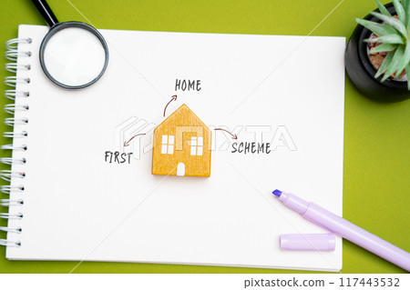 First home scheme concept. Government assistance for first-time home buyers in the form financial subsidies or favorable loan terms. Miniature house, inscriptions around it, notepad, magnifying glass First home scheme concept. Government assistance for first-time home buyers in the form financial subsidies or favorable loan terms. Miniature house, inscriptions around it, notepad, magnifying glass 117443532