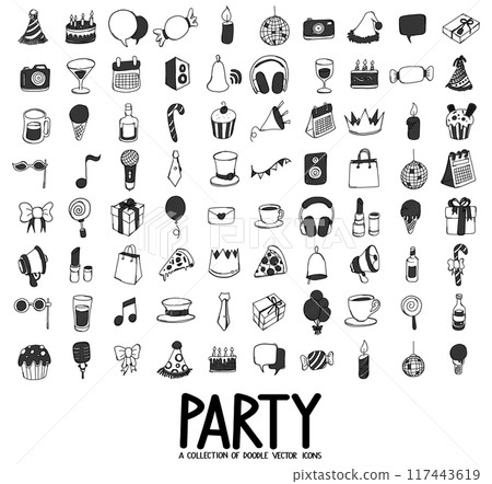 Party Related Doodle vector icon set. Drawing sketch illustration hand drawn line eps10 117443619