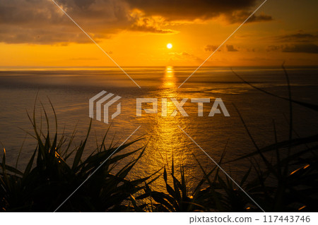 Spectacular view of Yonaguni Sunset seen from the monument at the westernmost point of Japan 117443746