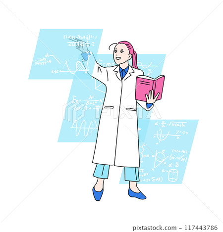 Illustration of a woman writing mathematical formulas with a book in hand - logician 117443786
