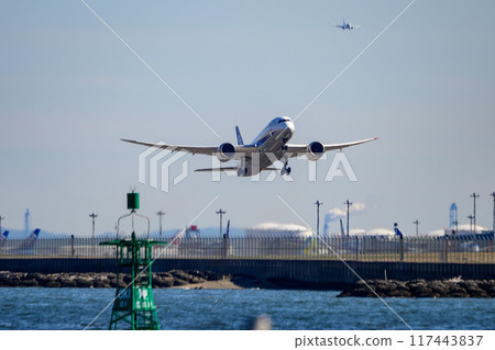 A passenger plane taking off from Haneda Airport and another passenger plane in the sky 117443837