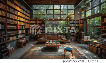 Study room with comfortable sofa and book shelf at home interior design modern Scandinavian style 117444115
