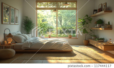 modern bedroom interior design Scandinavian style, light wood and wooden floor with garden view relaxation 117444117