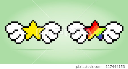 8 bit pixel of adorable yellow and rainbow star with wings, for game assets and cross stitch patterns in vector illustrations. 117444153