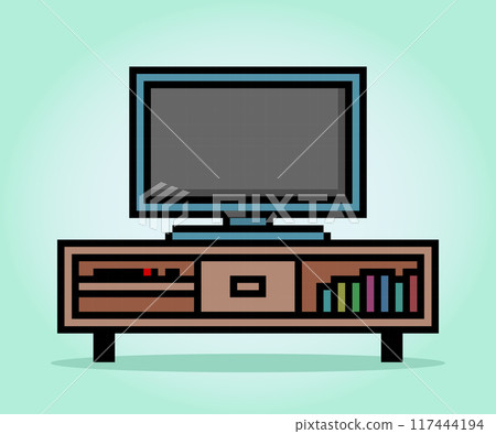 8 Bit Pixel modern Television in Vector Illustration for Game Assets. Flat TV on desk in Pixel Art. 117444194